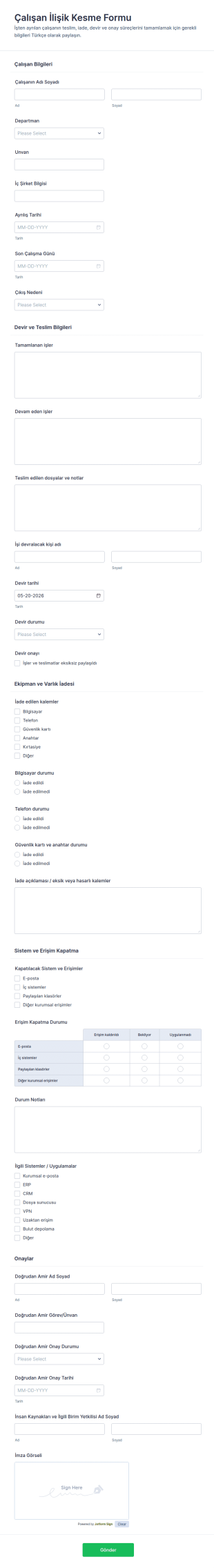 Çalışan Temizlik Form Şablonu