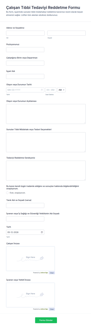 Çalışan Tıbbi Tedaviyi Reddetme Form Şablonu