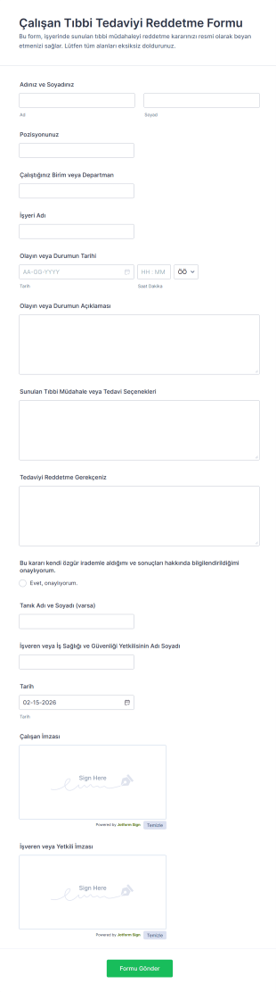 Çalışan Tıbbi Tedaviyi Reddetme Form Şablonu