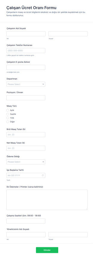 Çalışan Ücret Oranı Form Şablonu