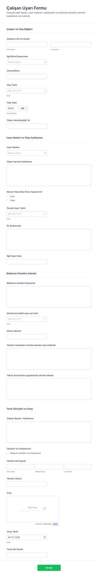 Çalışan Uyarı Form Şablonu