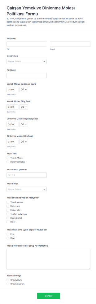 Çalışan Yemek Ve Dinlenme Molası Politikası Form Şablonu