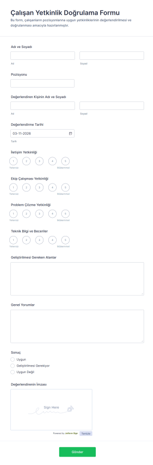 Çalışan Yetkinlik Doğrulama Form Şablonu