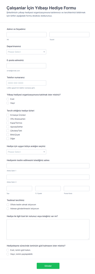 Çalışanlar İçin Yılbaşı Hediye Form Şablonu