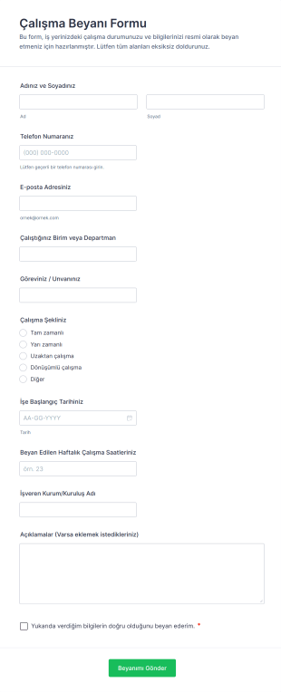 Çalışma Beyanı Form Şablonu
