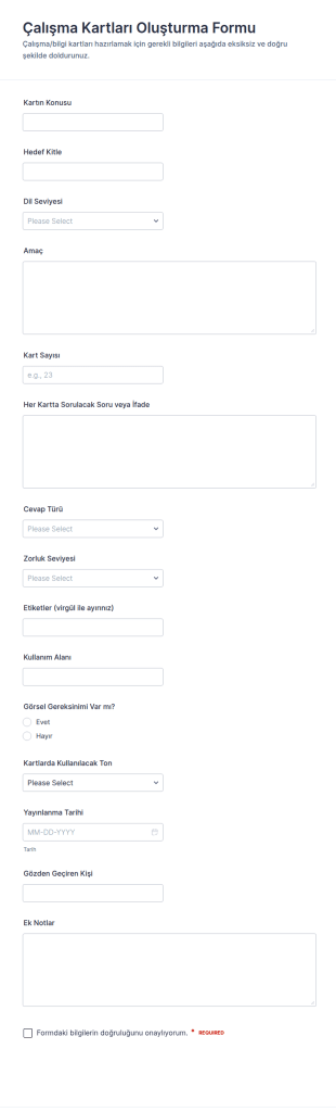 Çalışma Kartı Çalışma Form Şablonu