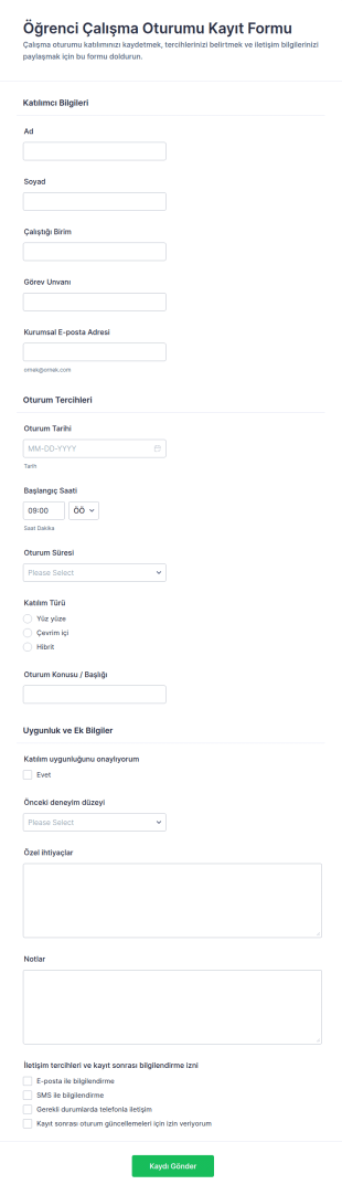 Çalışma Oturumu Kayıt Form Şablonu