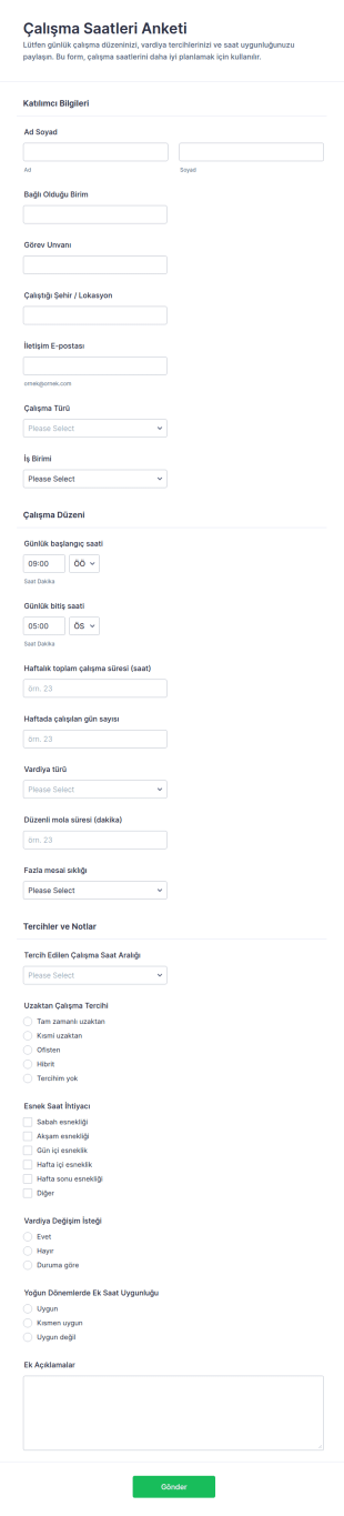 Çalışma Saatleri Anketi Form Şablonu