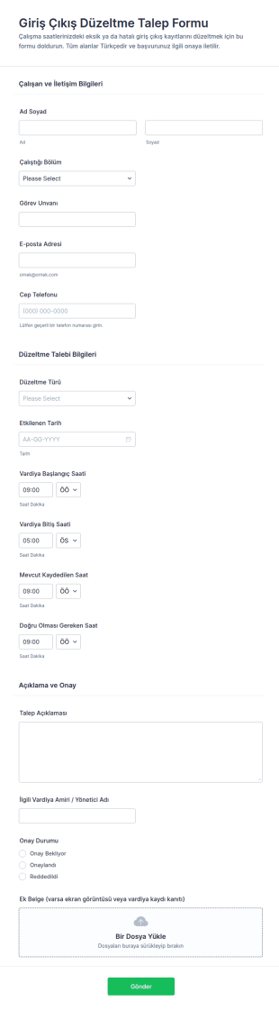 Çalışma Saatleri Değişikliği Talep Form Şablonu