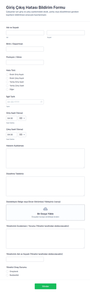 Çalışma Saatleri Hataları Form Şablonu