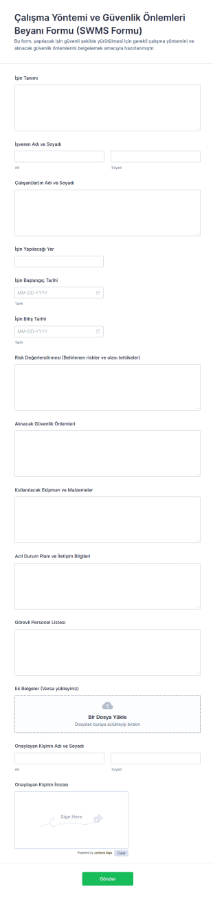 Çalışma Yöntemi Ve Güvenlik Önlemleri Beyanı Formu (SWMS Formu) Form Şablonu