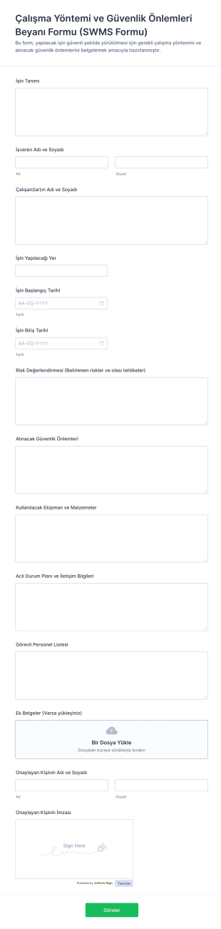 Çalışma Yöntemi Ve Güvenlik Önlemleri Beyanı Formu (SWMS Formu) Form Şablonu