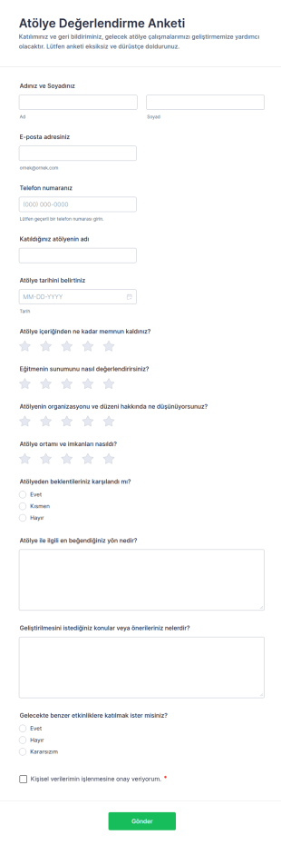 Atölye Değerlendirme Anketi Form Şablonu