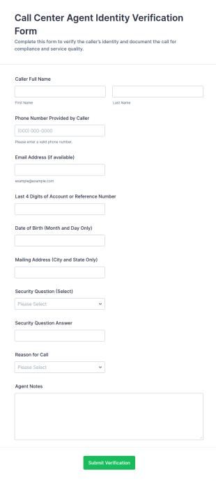 Call Center Agent Identity Verification Form Template