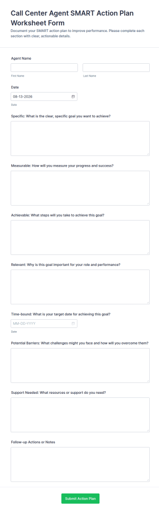 Call Center Agent SMART Action Plan Form Template