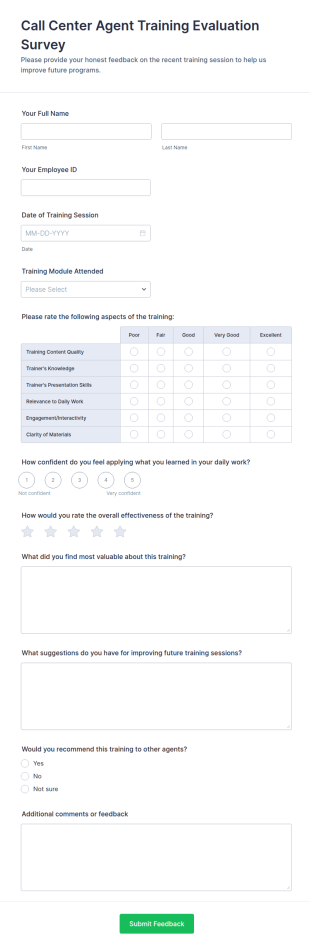 Call Center Agent Training Evaluation Survey Form Template