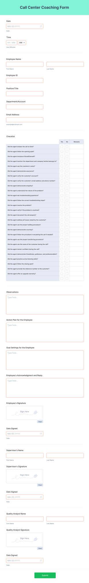 Call Center Coaching Form Template