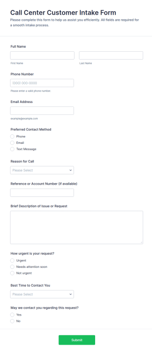 Call Center Customer Intake Form Template