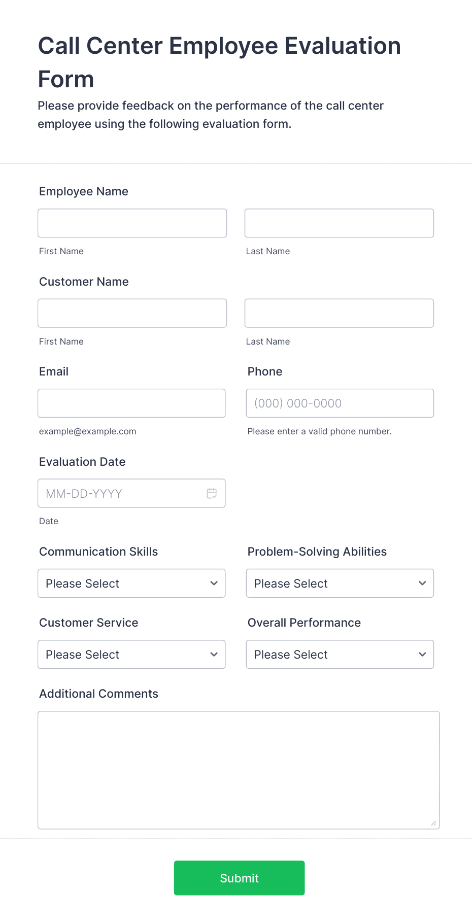 Call Center Employee Evaluation Form Template | Jotform