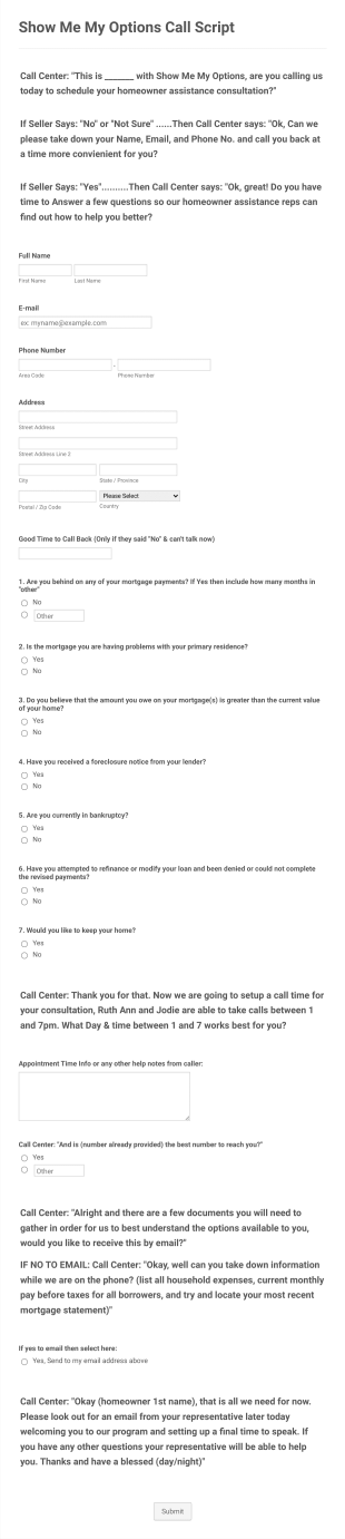 Call Center Form Template
