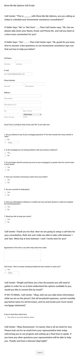 Call Center Form Template