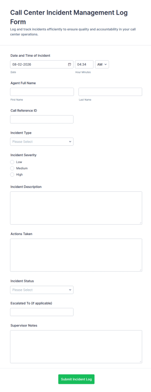Call Center Incident Management Log Form Template