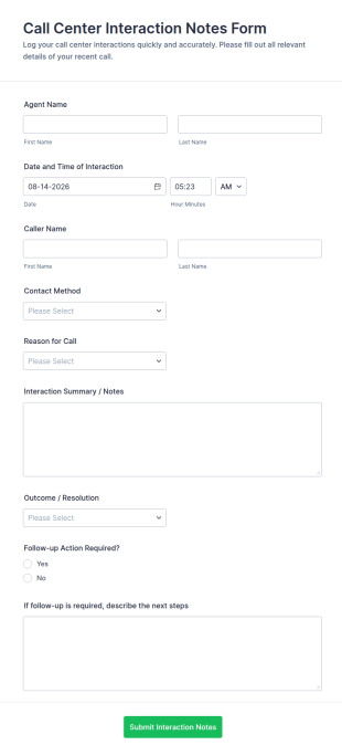 Call Center Interaction Notes Form Template