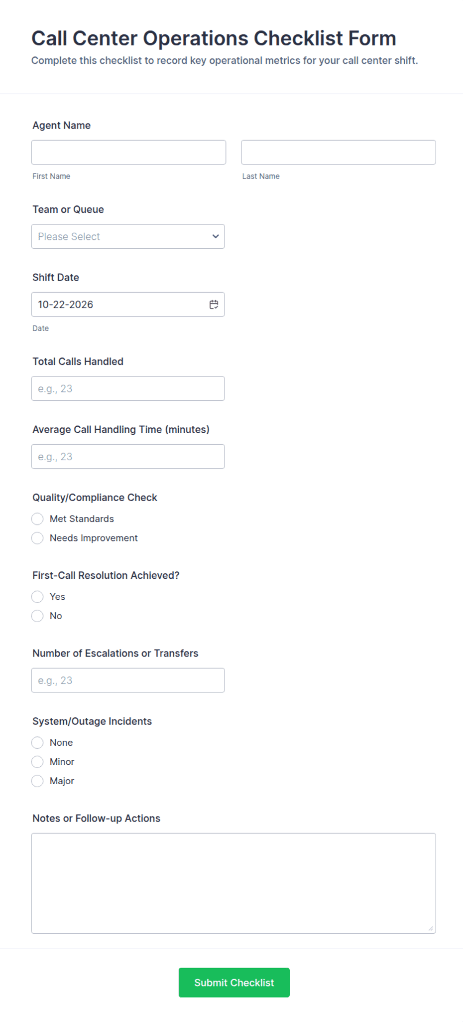 Call Center Operations Checklist Form Template | Jotform