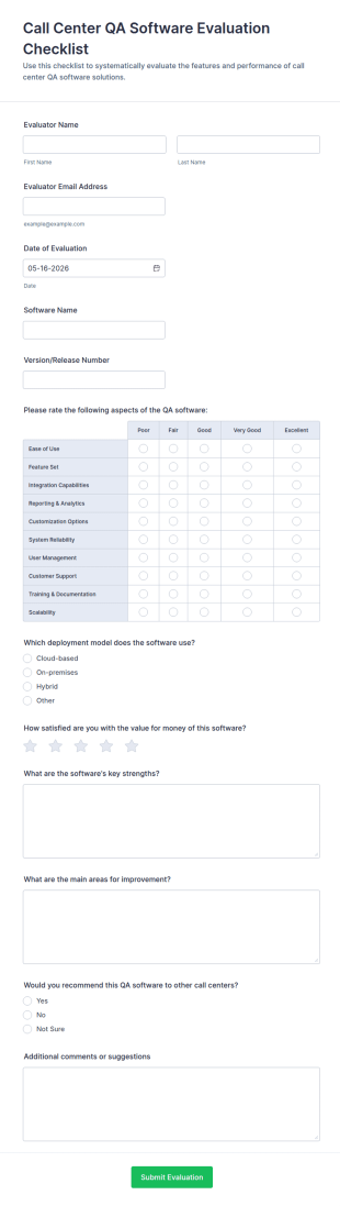Call Center QA Software Evaluation Checklist Form Template