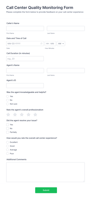 Call Center Quality Monitoring Form Template
