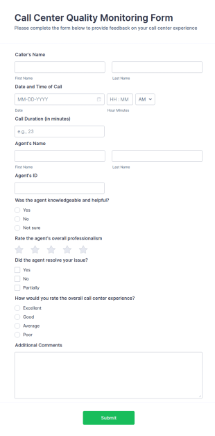 Call Center Quality Monitoring Form Template
