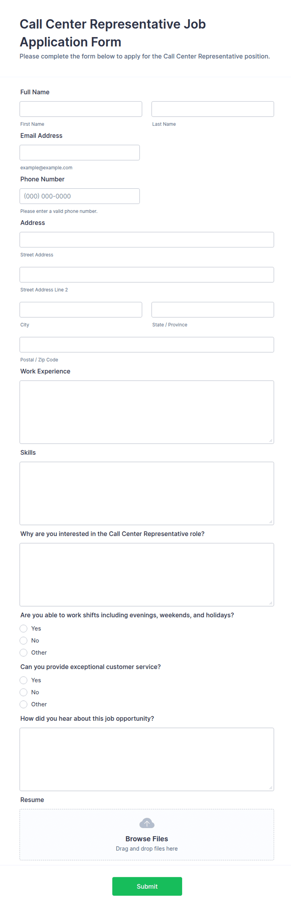 Call Center Representative Job Application Form Template | Jotform