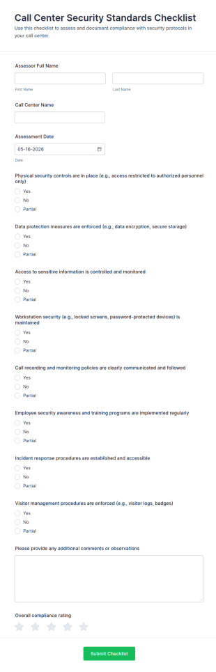 Call Center Security Standards Checklist Form Template
