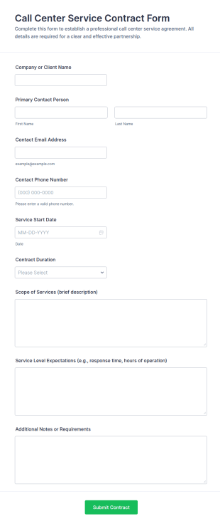 Call Center Service Contract Form Template