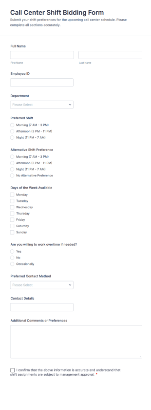 Call Center Shift Bidding Form Template