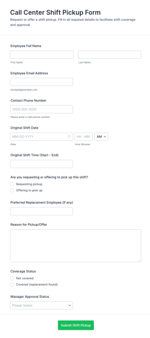 Call Center Shift Pickup Form Template