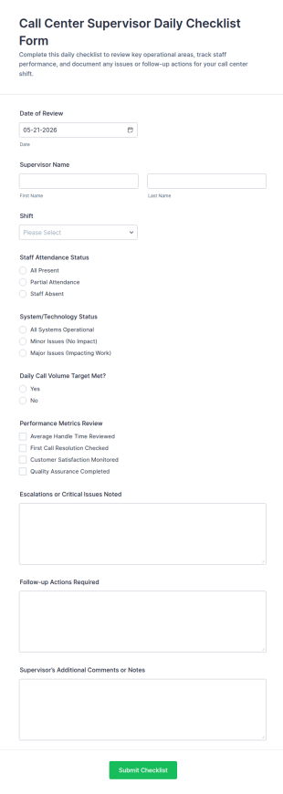 Call Center Supervisor Daily Checklist Form Template