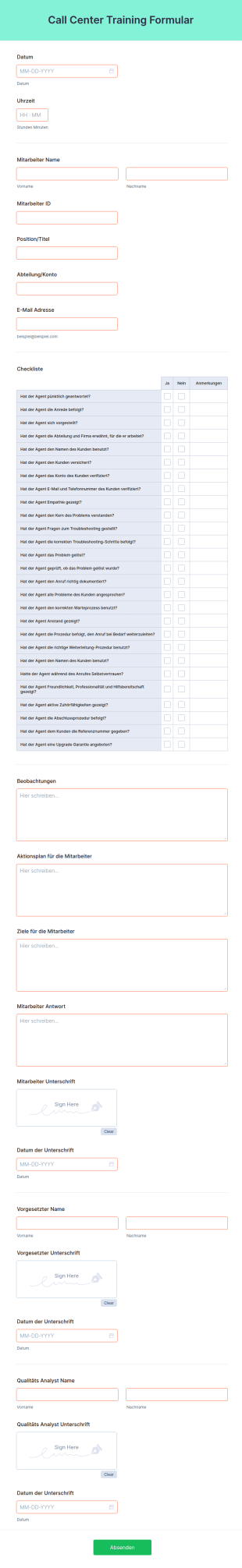 Call Center Training Formular