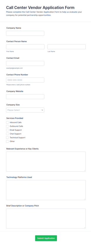 Call Center Vendor Application Form Template