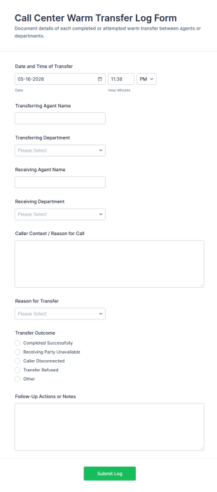 Call Center Warm Transfer Log Form Template