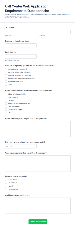 Call Center Web Application Requirements Questionnaire Form Template