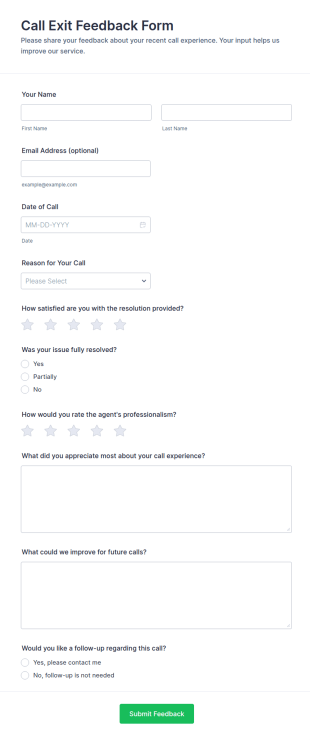 Call Exit Feedback Form Template