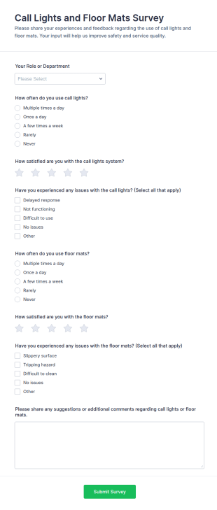 Call Lights And Floor Mats Survey Form Template