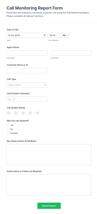 Call Monitoring Report Form Template