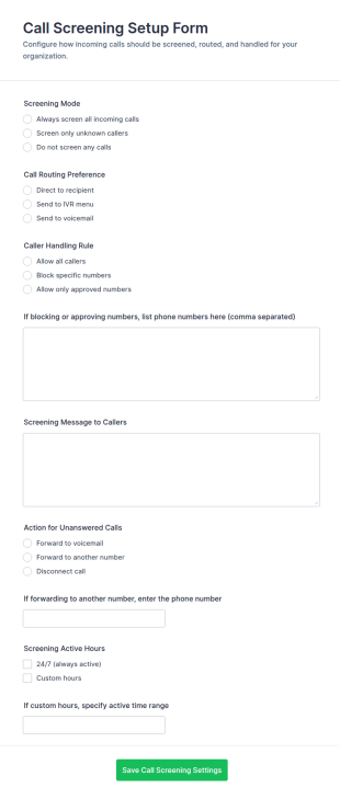 Call Screening Setup Form Template