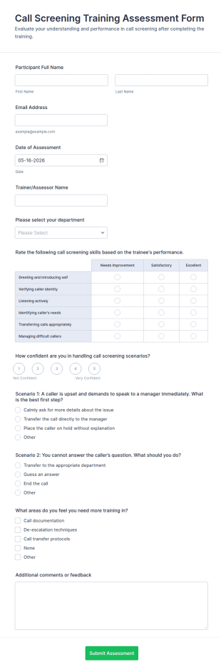 Call Screening Training Assessment Form Template