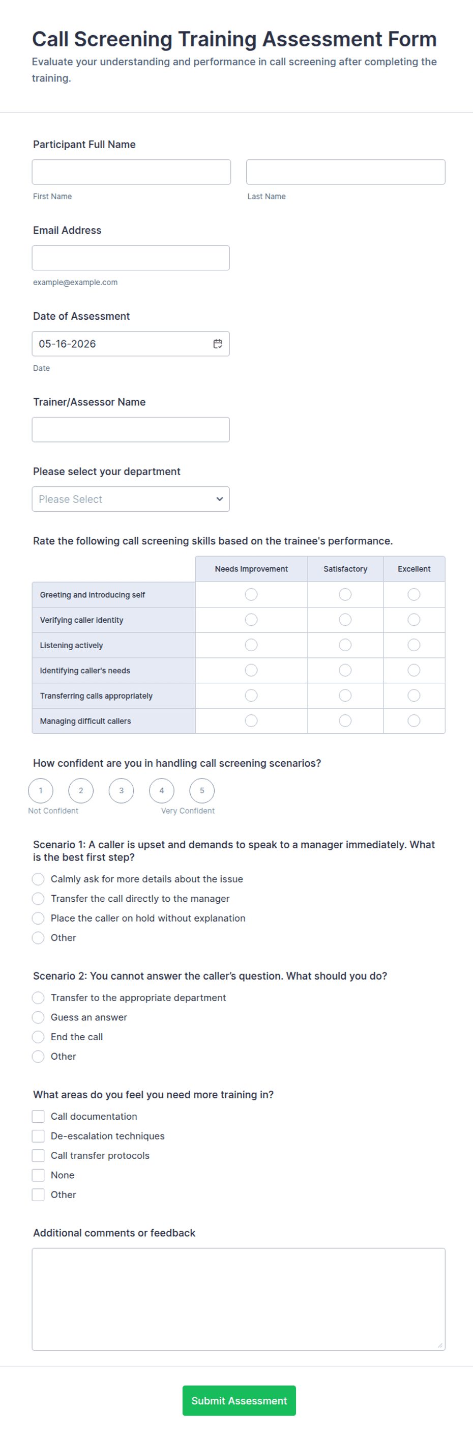 Screening Call/email Example Call Screening Training Assessment Form Template | Jotform