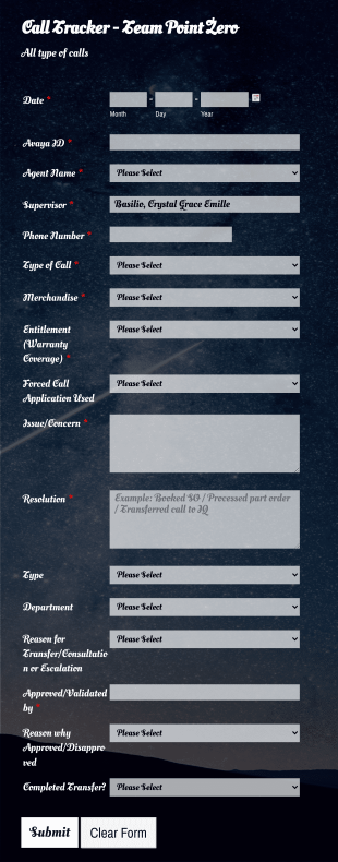 Call Tracker Team Point Zero 26 Form Template