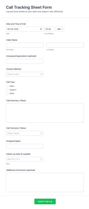 Call Tracking Sheet Form Template