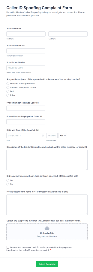 Caller ID Spoofing Complaint Form Template